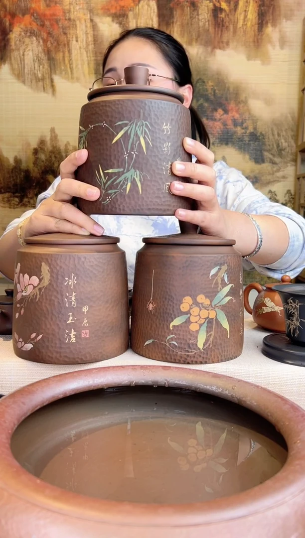 【闪购商品】云南建水紫陶-刻填锤纹存茶罐3只