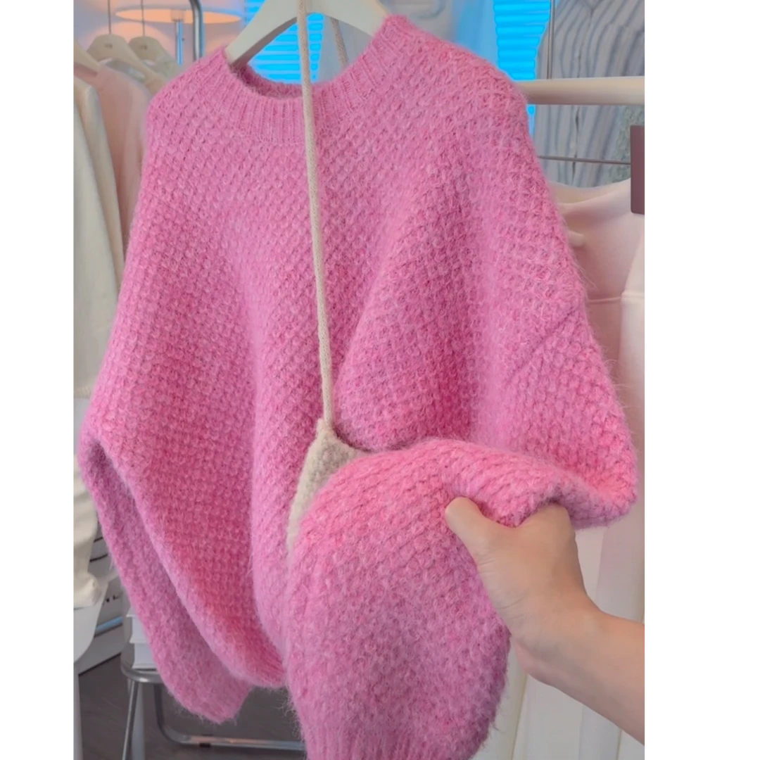 粉色甜美温柔风软糯加厚毛衣女秋冬小众别致设计感菠萝纹针织上衣