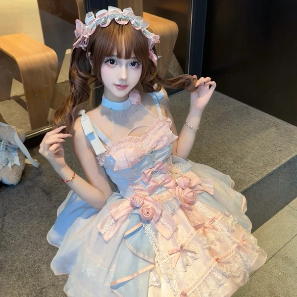 副牌【甜心手稿】玫瑰誓言偶像感粉蓝少女甜美芭蕾风挂脖lolita短裙