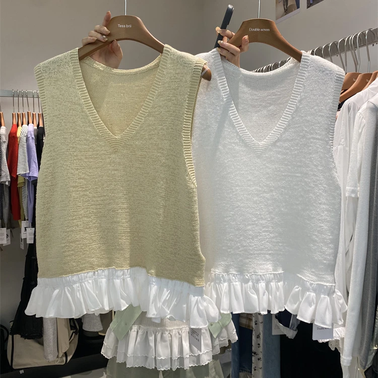 2025打底时尚蕾丝木耳花边下摆拼接设计感白色背心针织衫叠穿上衣