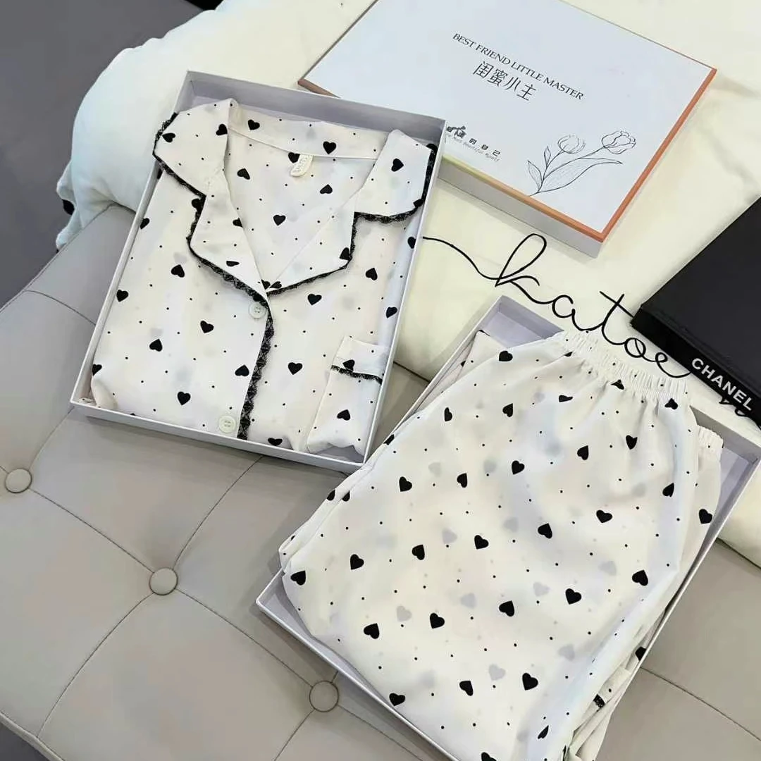 【盒装蕾丝爱心】夏冰雪丝缎面三件套女款睡衣短裤长裤短袖套装8111