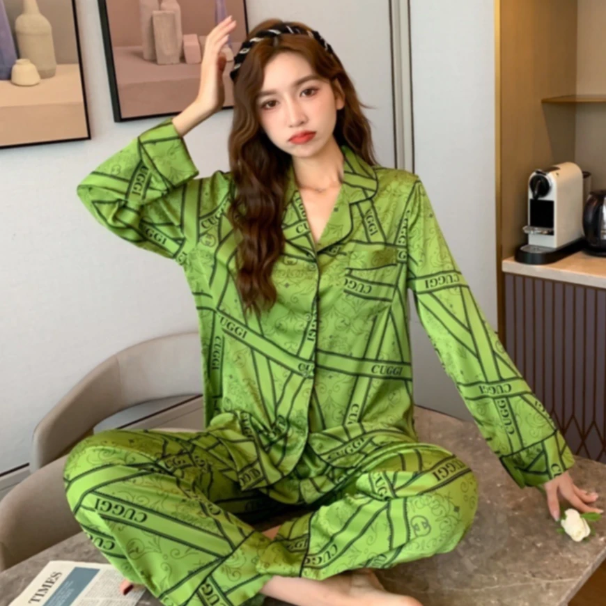 两件套凉感睡衣女薄款夏季丝质感长袖开衫印花家居服可外穿