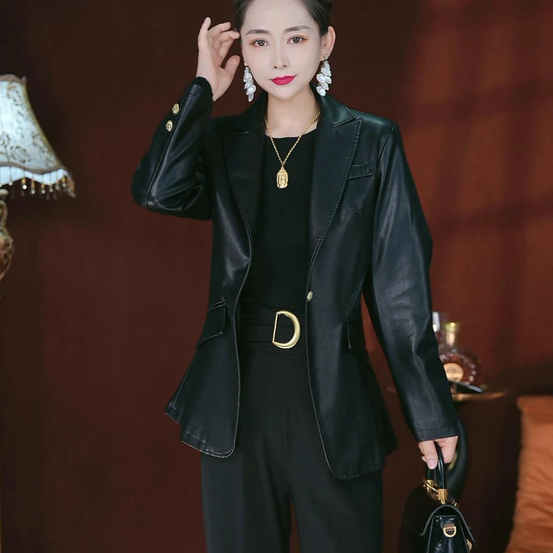 小美专属  秋季显瘦收身气质枪驳领西装女士皮衣