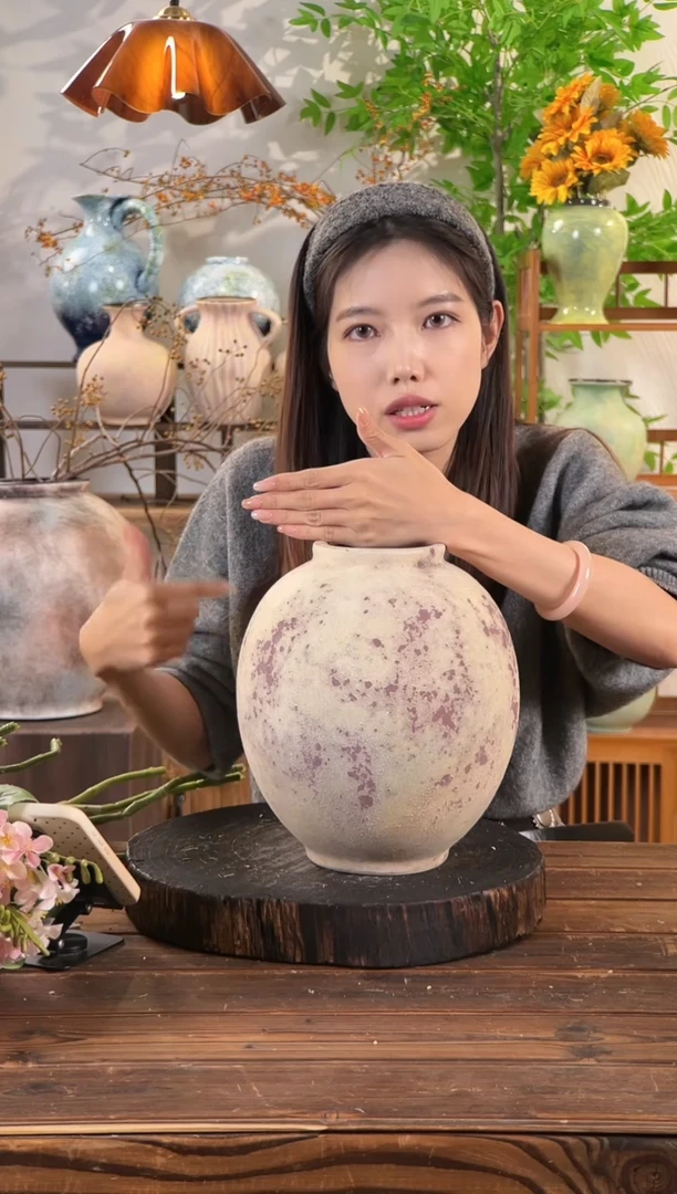 【斑点红月亮罐】侘寂风斑驳陶罐水培陶瓷花瓶【口10直径24高24.5cm】
