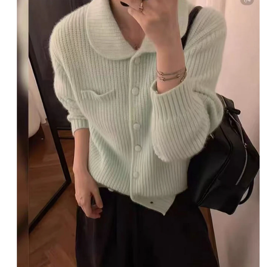 小绿豆翻领瑞丽风女INS风针织毛针织衫休闲时尚设计感f