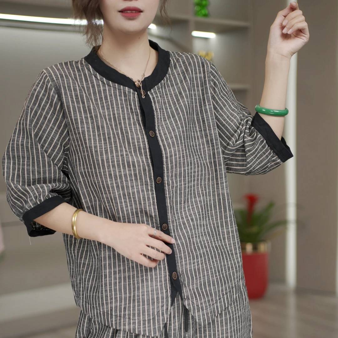 夏季新款女式时尚休闲百搭复古条纹开衫长袖T恤衫衬衫女YA2524款