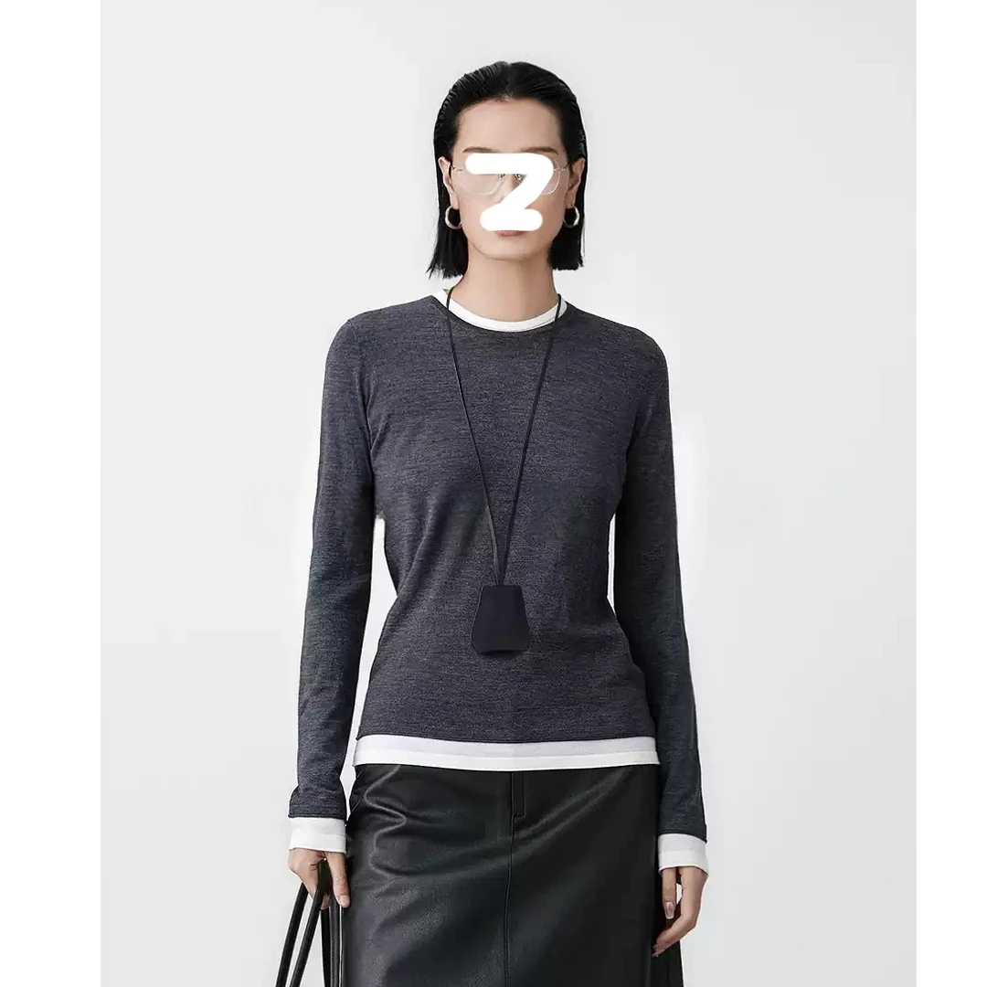 高级感撞色假两件针织打底衫女秋冬内搭设计感长袖圆领叠穿上衣秋