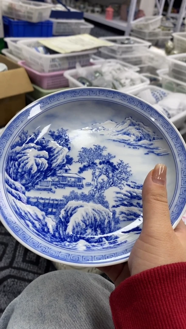 陶瓷景德镇青花堆白山水壶承17.5口径