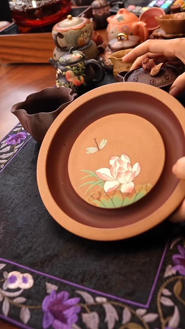 茶壶紫砂紫泥粉浆荷花盘
