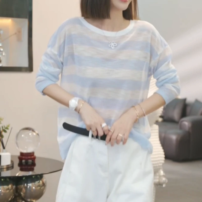 【灰阶声谱】2025夏季新款后交叉设计条纹罩衫上衣LK2504206