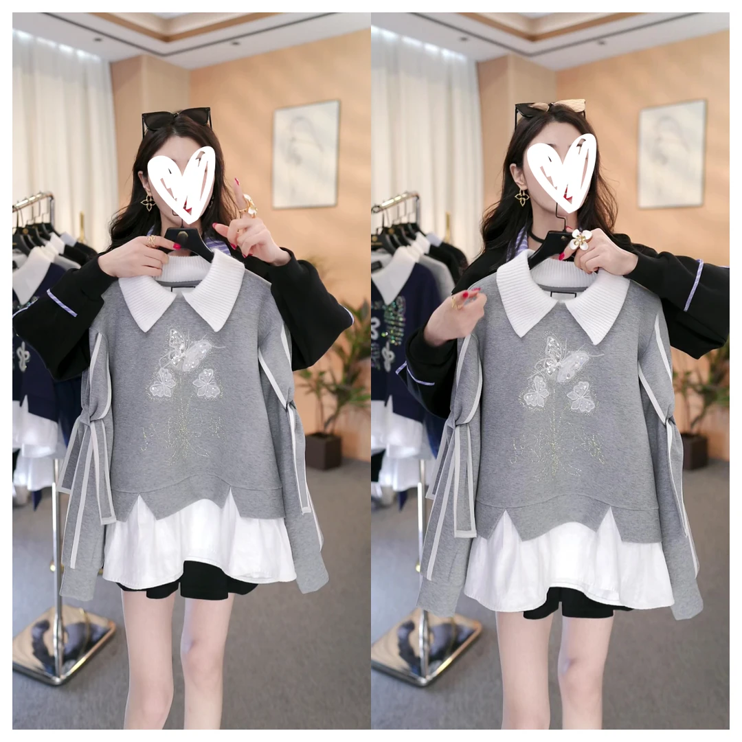 新款时尚设计感假两件拼接重工减龄显瘦气质百搭长袖卫衣C6504