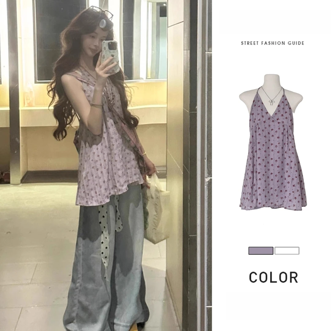 法式紫色碎花挂脖吊带连衣裙子女夏季2025新款海边度假收腰显瘦裙