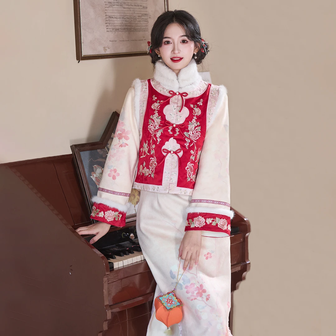新中式红色旗袍马甲套装秋冬季加绒加厚保暖少女感日常款拜年服
