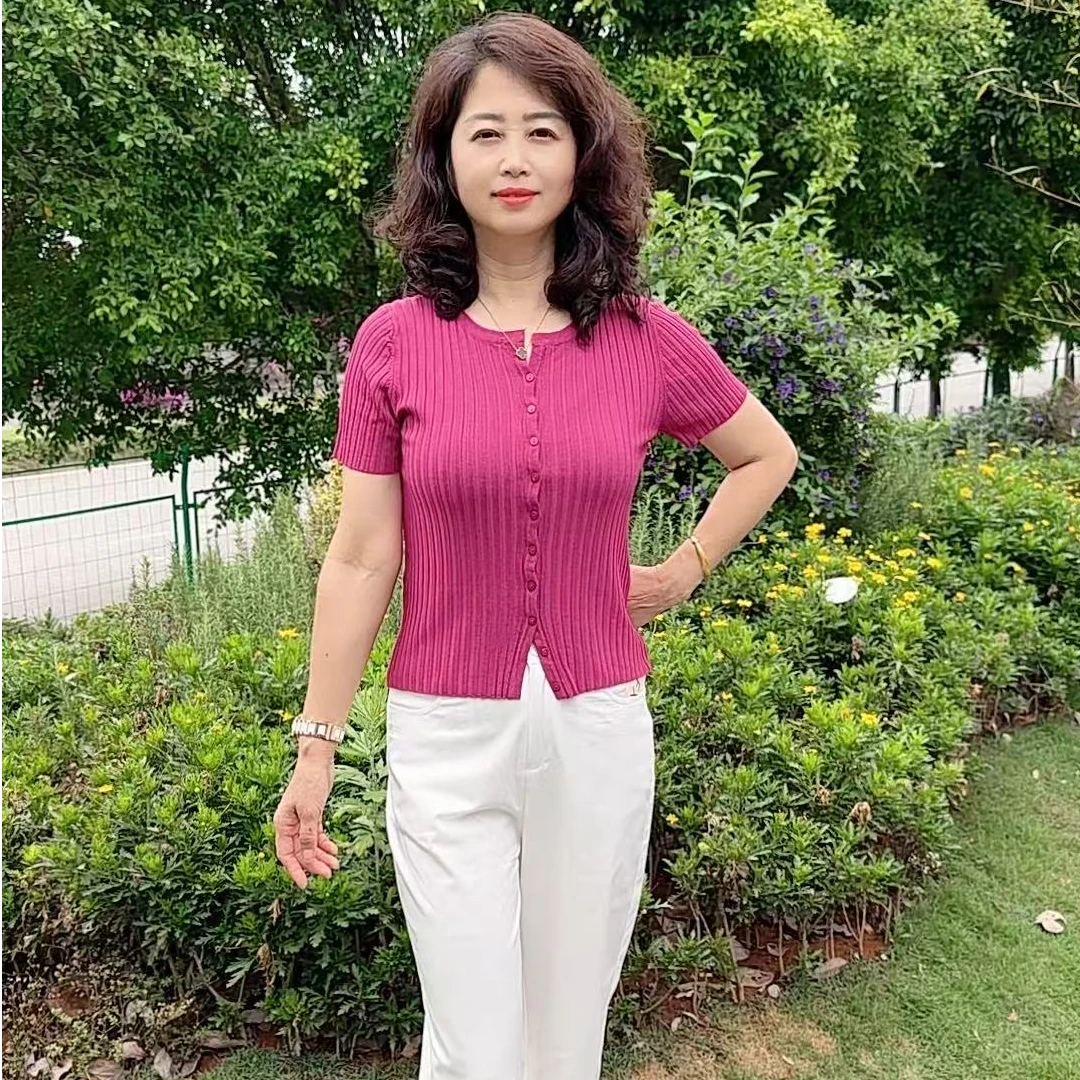 [清仓福利]夏季天丝亚麻针织短袖开衫女短款剪刀v领针织小衫短款