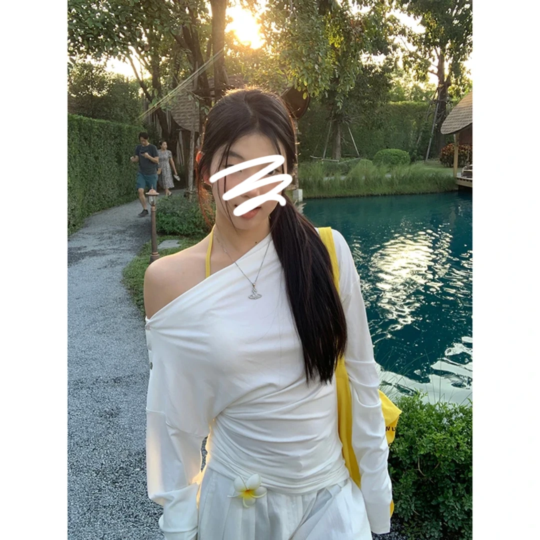 韩系斜肩T恤女春季超好看纯欲风气质修身显瘦收腰小个子长袖上衣