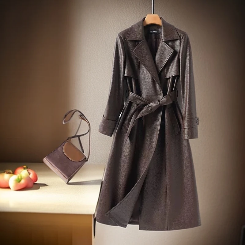 海宁绵羊皮真皮皮衣女中长款2025秋冬新品皮风衣系带修身收腰外套