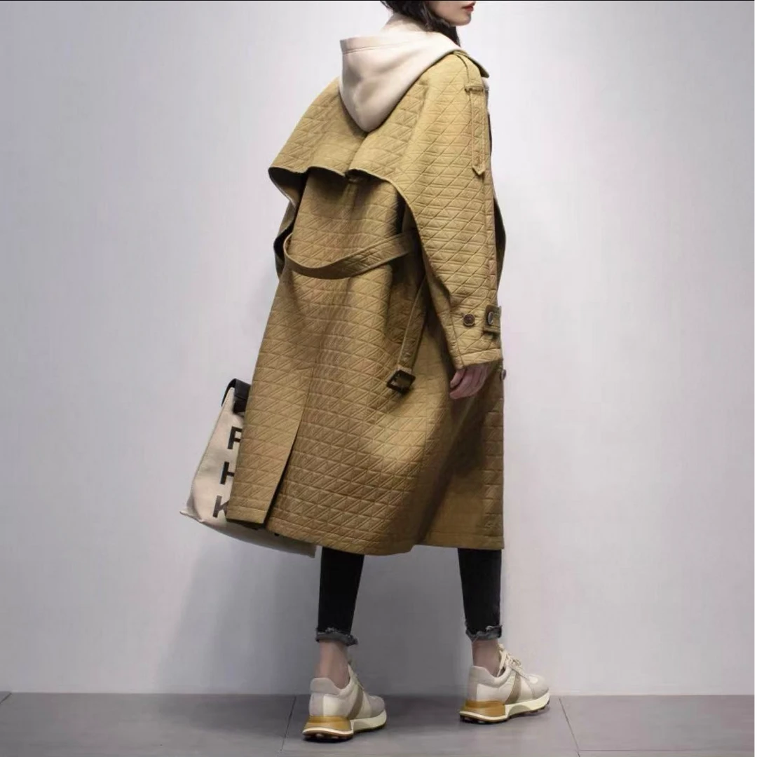 【TD】风衣女中长款2025年春秋新款韩版宽松系带收腰百搭外套6454
