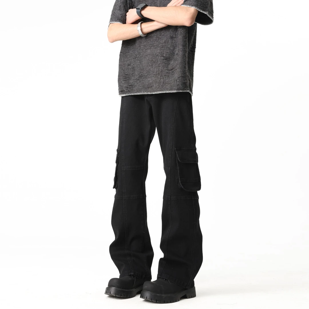 纯黑色牛仔裤男夏季薄款宽松直筒工装裤子潮牌痞帅气微喇弯刀裤