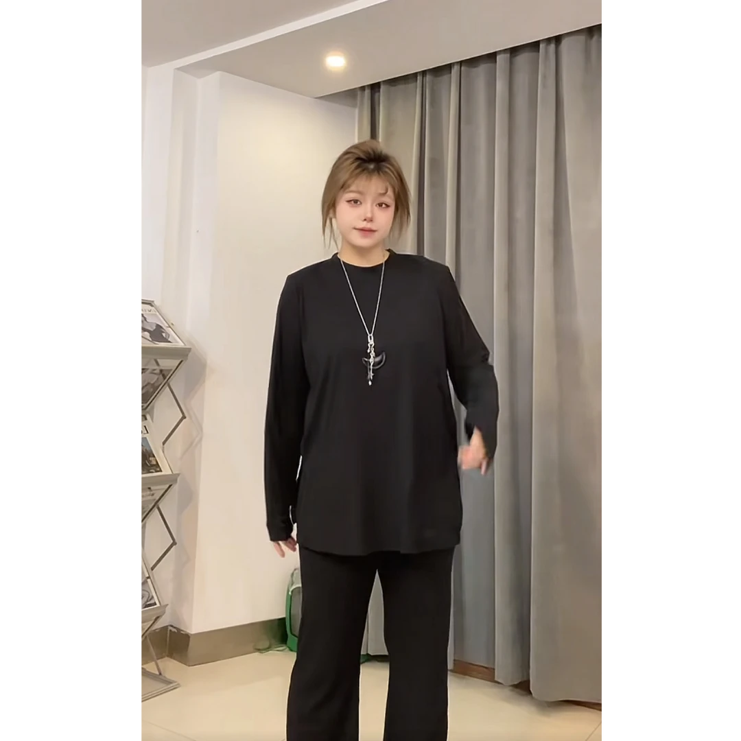 萌萌大码休闲套装百搭内搭上衣微喇裤9378