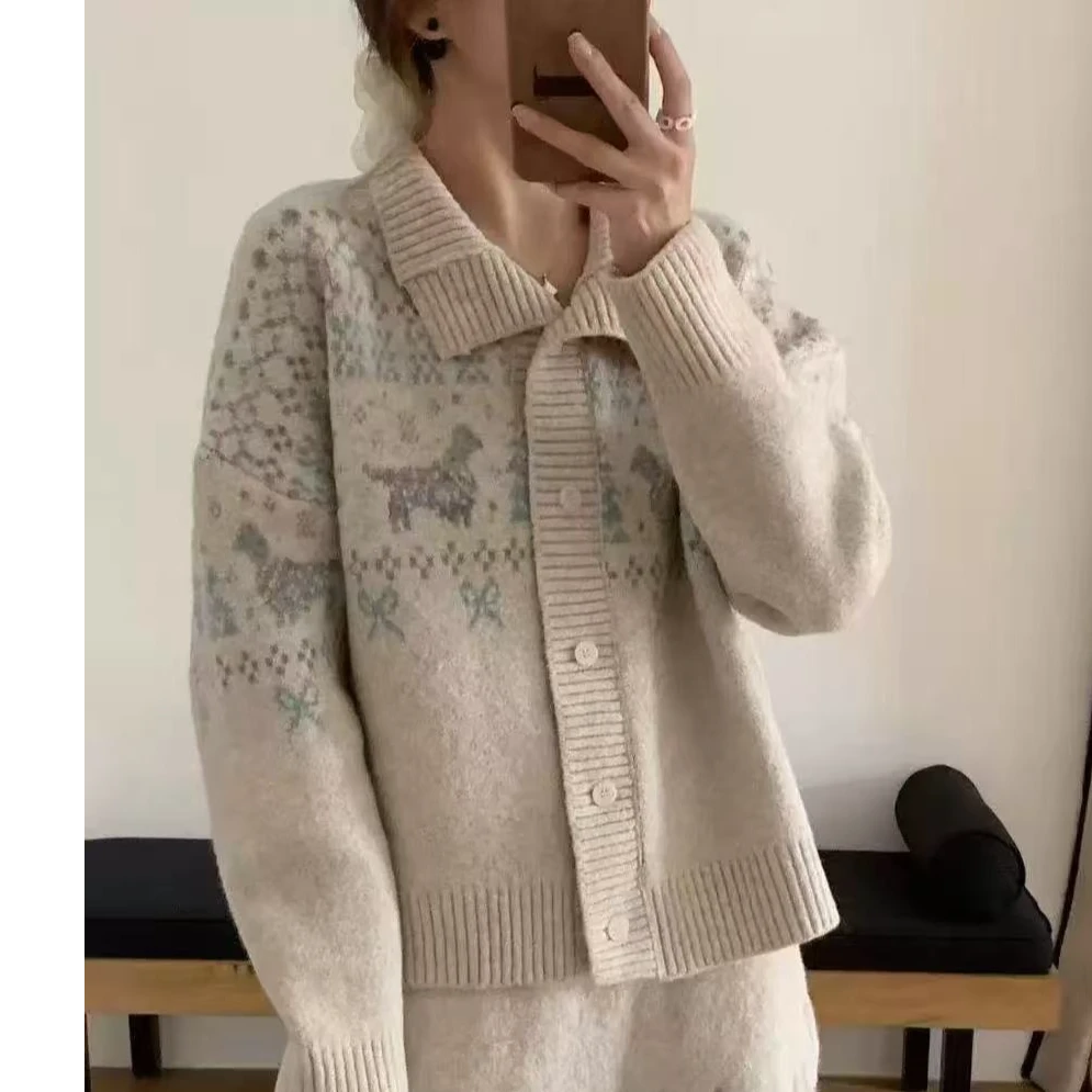 9241【千炫女装】冬季新款费尔岛翻领加厚百搭开衫毛衣