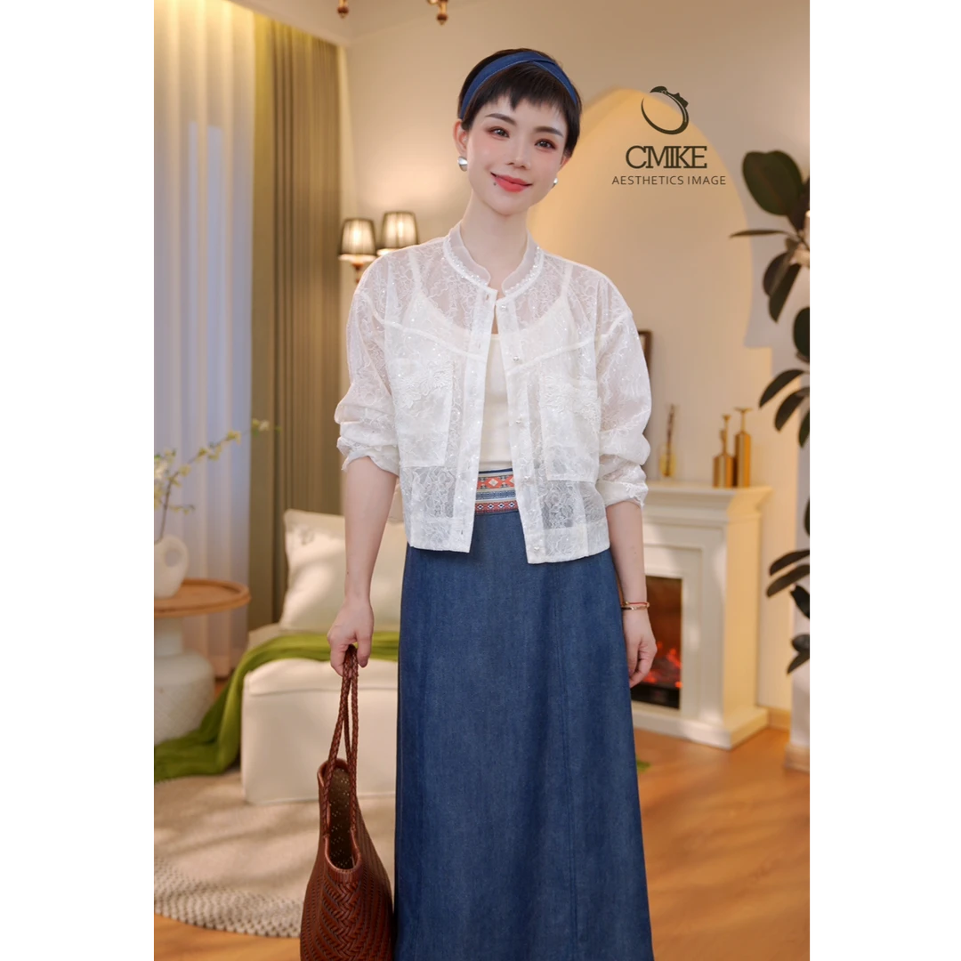 【蜜客原创】重工蕾丝刺绣贴花夏季百搭小开衫短款衬衫2502C000363