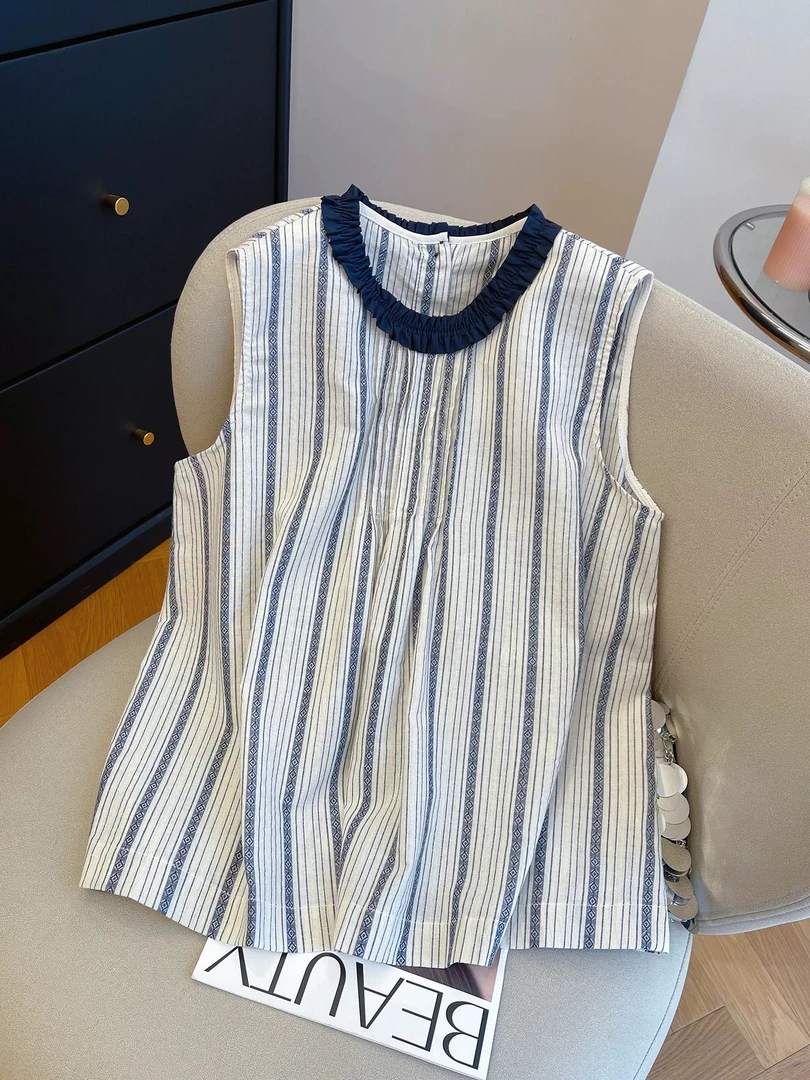 H条纹无袖背心衬衫女外穿2025新夏季独特洋气别致小衫高级感上衣