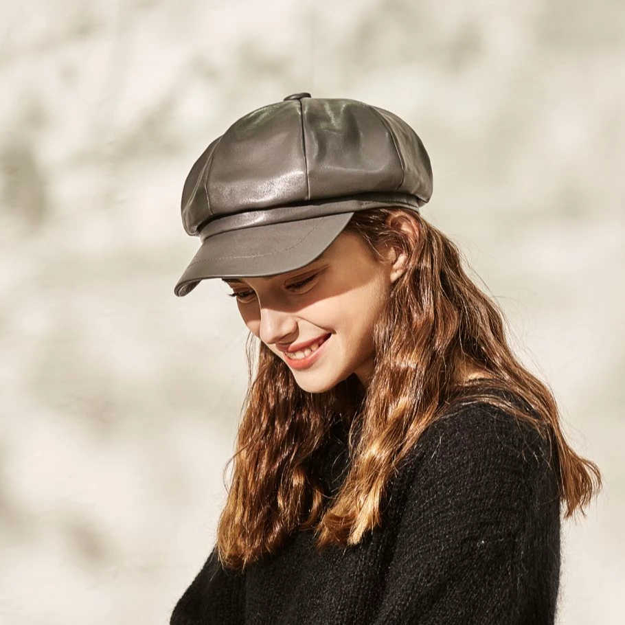 【时尚达人】纯色女士八角帽时装帽PU复古秋冬春秋休闲经典日系82