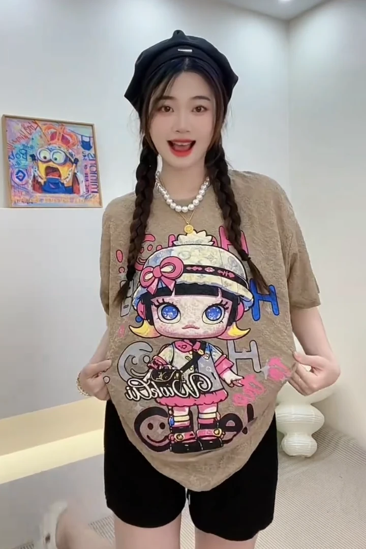 Cherryjar【25363】时尚咖色提花薄款泡泡玛特印花百搭半袖+花短款