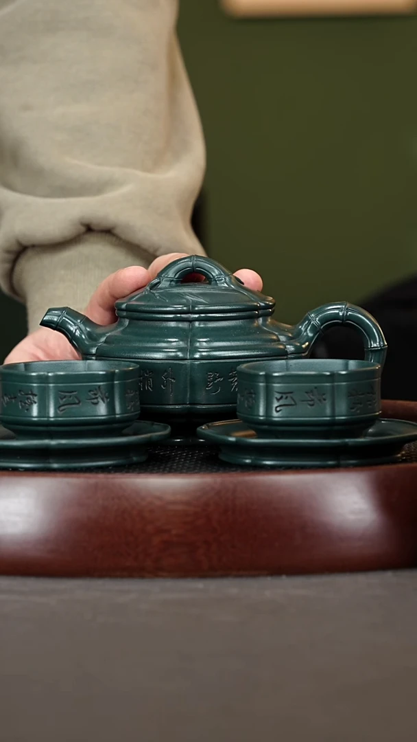 茶壶紫砂50LCH景舟六方筋纹竹鼓套组 景舟绿泥500cc