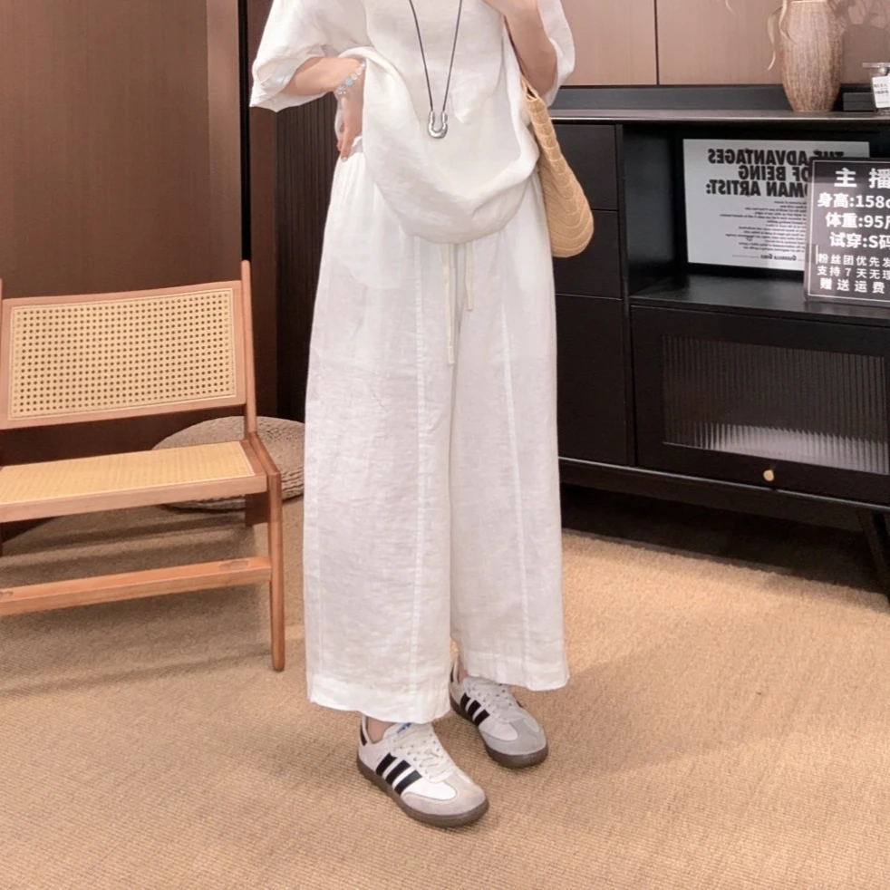 相菲一100亚麻宽松时尚显瘦百搭高腰抽绳休闲裤女