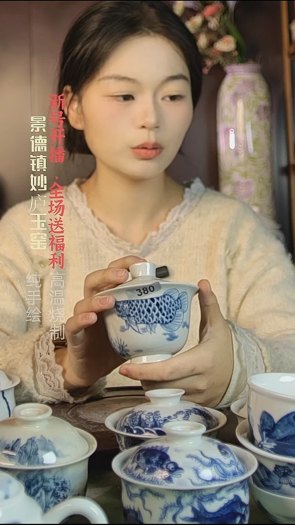 盘陶妙庐玉窑元宝盖碗380大瑕