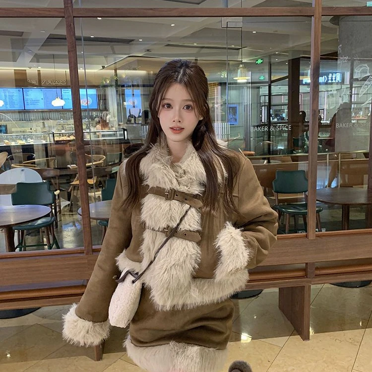 美拉德法式套装女仿麂皮绒拼接长袖外套秋冬包臀半身裙短裙两件套