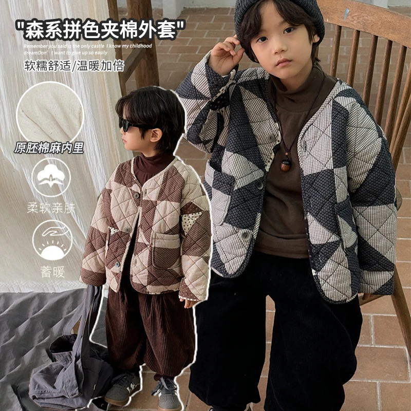 森系WX30冬棉服外套新韩版男童女童几何撞色保暖夹棉上衣