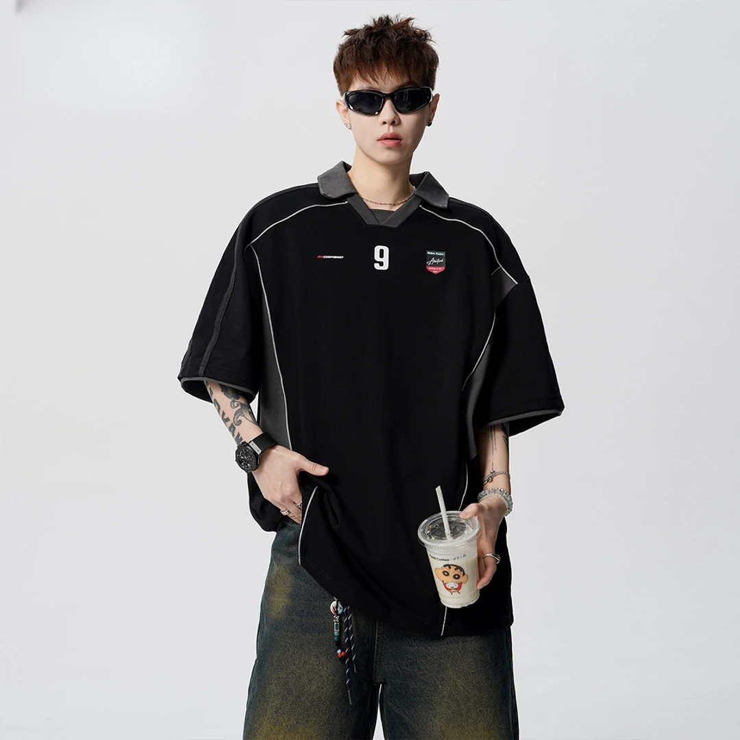 美式运动Polo衫男夏vibe高街设计感印花T恤潮牌宽松休闲情侣短袖