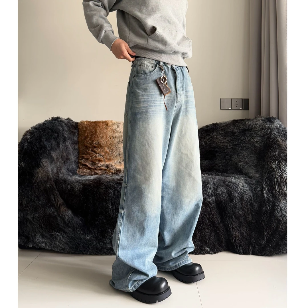 WIND BLOWS美式街头浅色水洗抓痕复古磨白阔腿牛仔裤