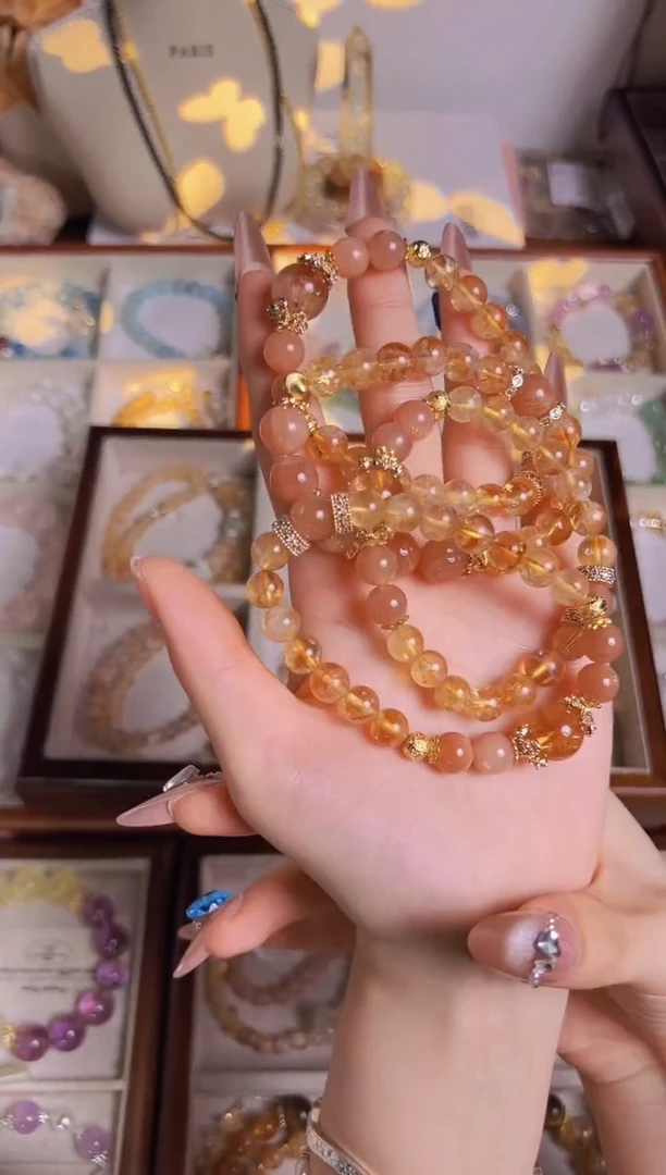 水晶手串合金 黄水搭草莓晶