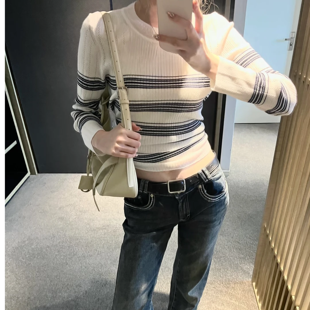 《猪猪出品》百搭套头长袖修身显瘦黑白条纹女装毛针织衫