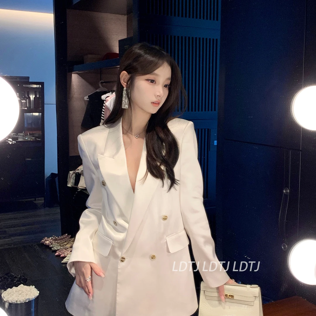 LDTJ高定 秋白色高级感名媛温柔气质宽松休闲醋酸西装外套女