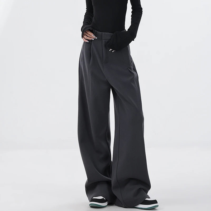 KEN STUDIO原创设计秋冬加厚阔腿西装裤女杏色宽松拖地休闲裤裤子