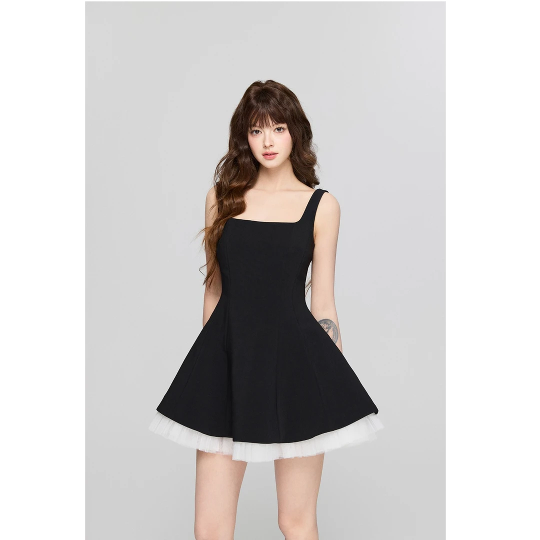 AVENEMENT方领拼接网纱无袖连衣裙蓬蓬裙气质撞色设计感女