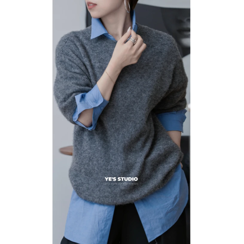 【奶油可颂】康宝莱桑25蚕丝75羊绒圆领短袖宽松针织罩衫25319013