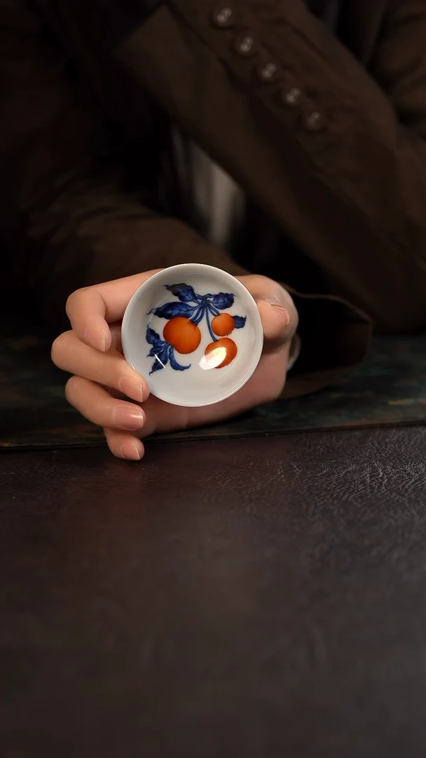 洪印慕明矾红加彩小碗杯 樱桃
