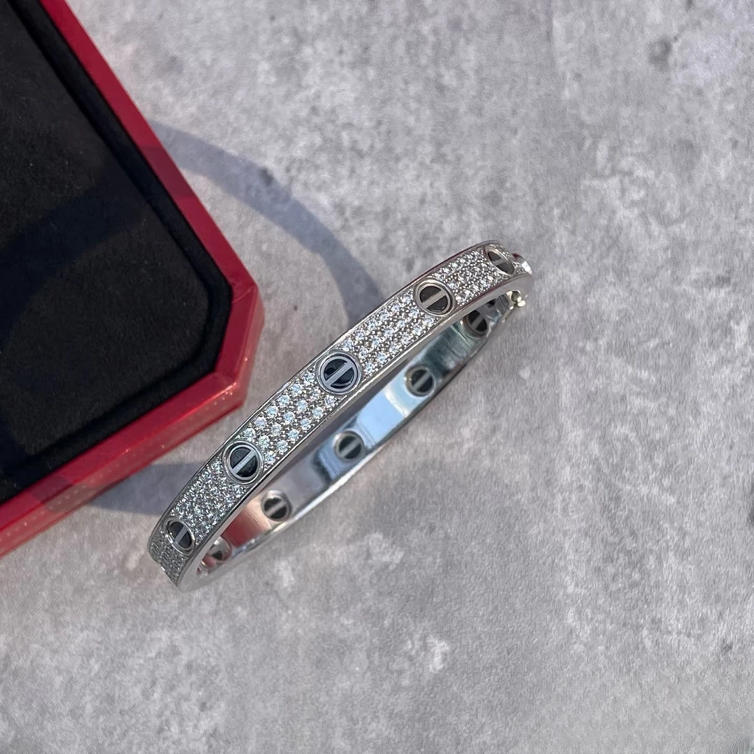 99新 Cartier/卡地亚 小花6珊 love 宽版白金满钻 黑陶瓷手镯 17