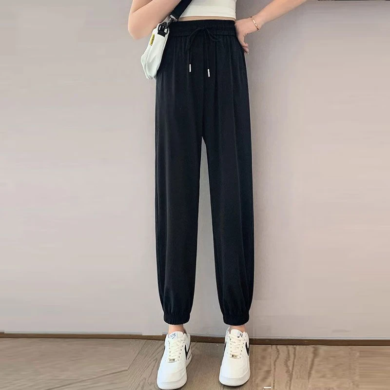 KALUOLAI/卡洛莱休闲冰丝运动裤女夏新款高腰薄款宽松束脚裤裤子