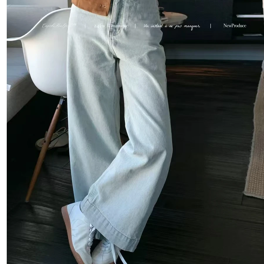 7236女牛仔裤【86012】加绒直筒裤钱蓝色阔腿休闲复古牛仔裤