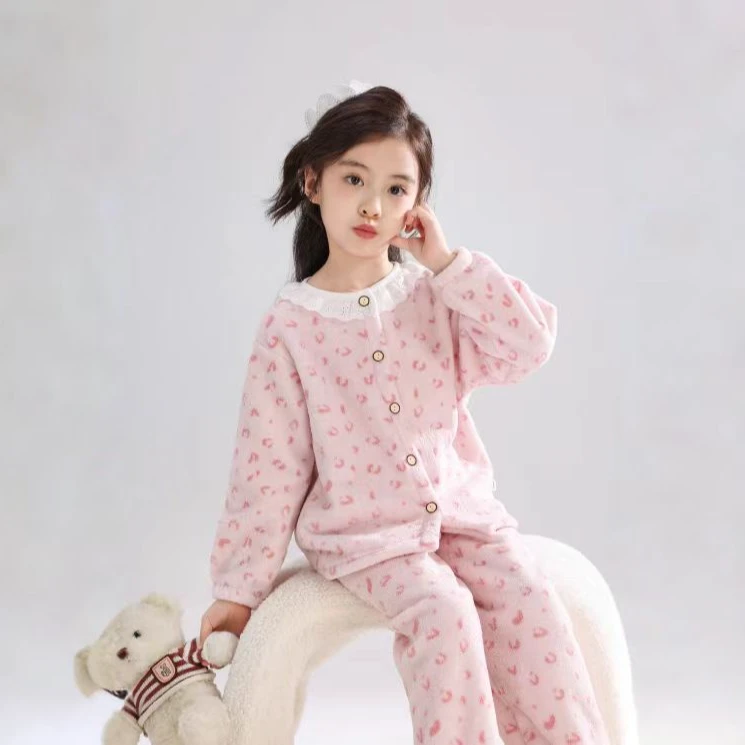 【10A抗菌】儿童家居服套装雪粒绒男童女宝冬开衫加绒加厚保暖睡衣