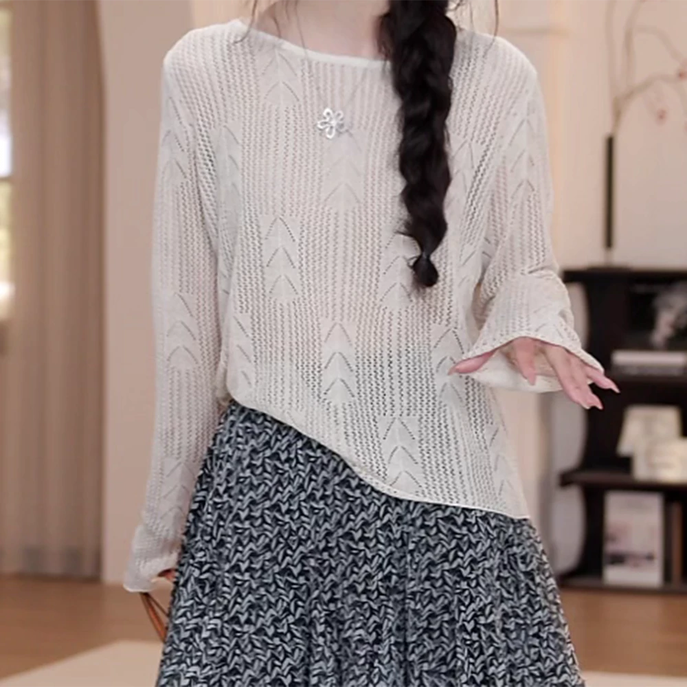 新款套头夏季百搭薄款镂空冰丝罩衫长袖针织衫气质T恤时尚上衣