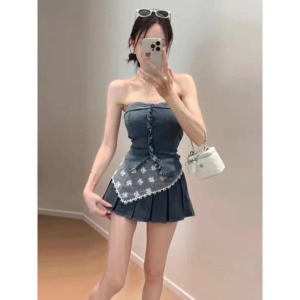 辣妹牛仔套装裙御姐纯欲气质显瘦木耳边抹胸夏季上衣裤子女款夏季