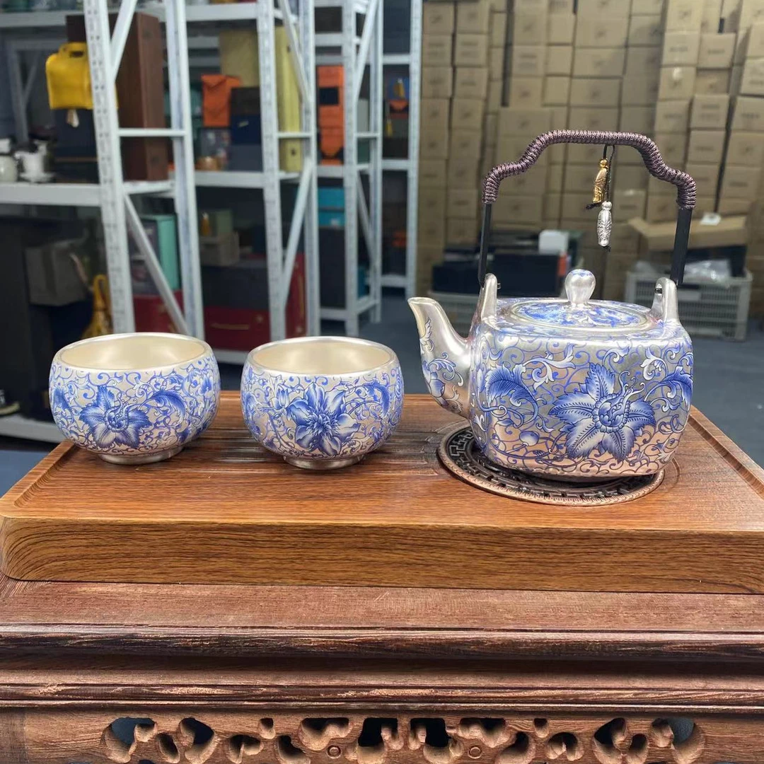 【闪购商品】青花缠枝莲提梁壶一壶两杯（带礼盒）+龙形茶盘@@ZH2232