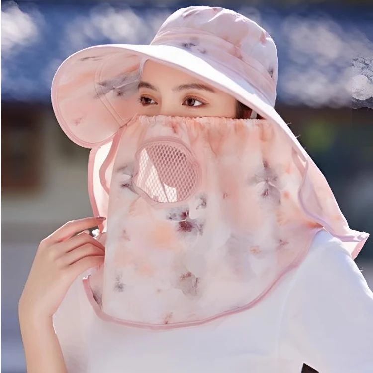 花朵防晒采茶帽女夏天户外时尚透气太阳帽 防紫外线面纱护颈帽子